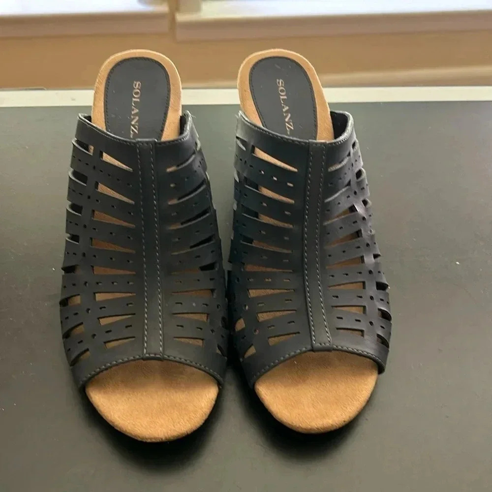 Solanz Paulette Leather Wedge Slide on sandals Blue Womens 9.5 wide